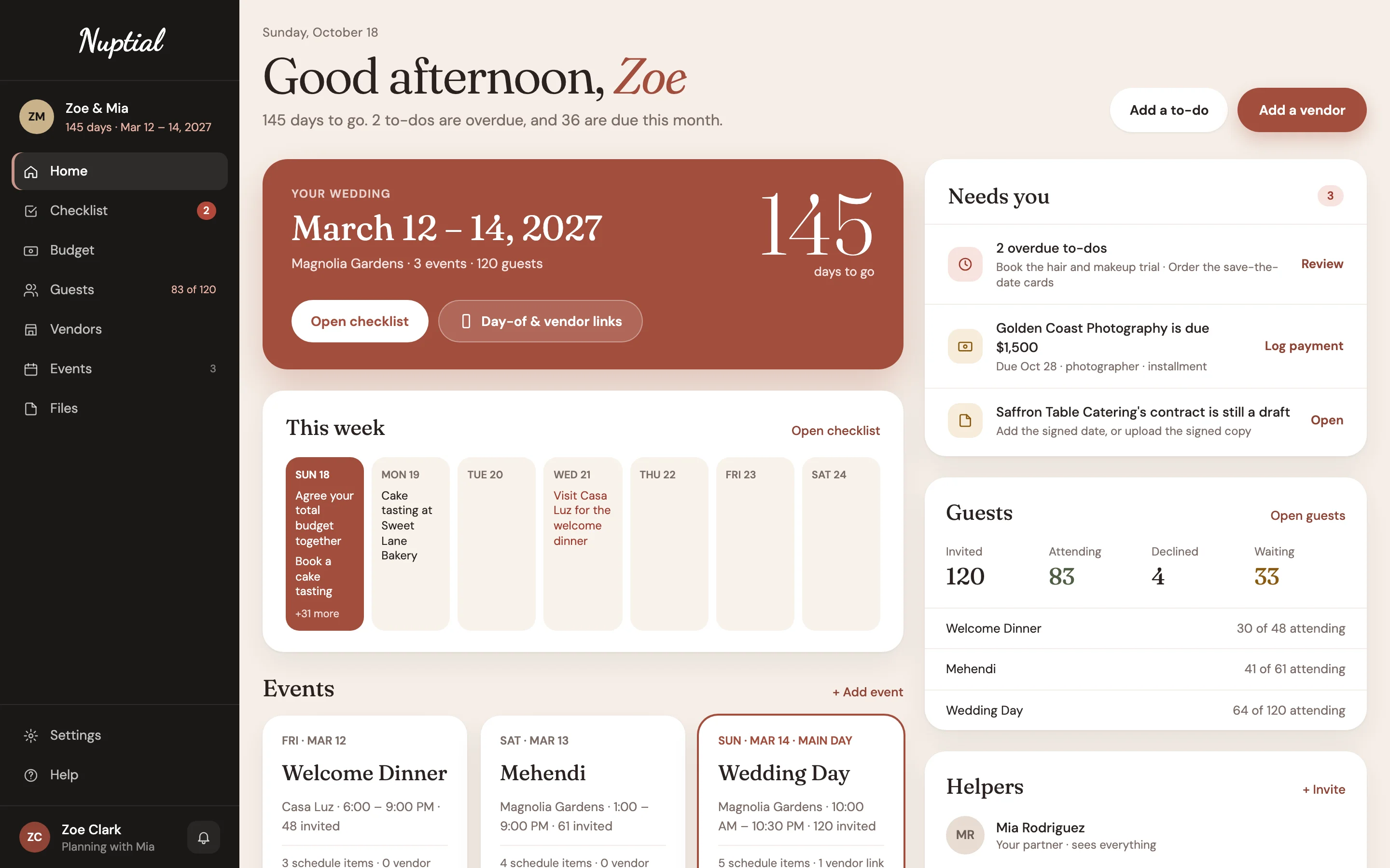 Zoe and Mia's home in Nuptial for Couples: the countdown to their three-day wedding at Magnolia Gardens, this week's to-dos, what needs them, the guest count with each event's answers, and their events with how many are invited to each.