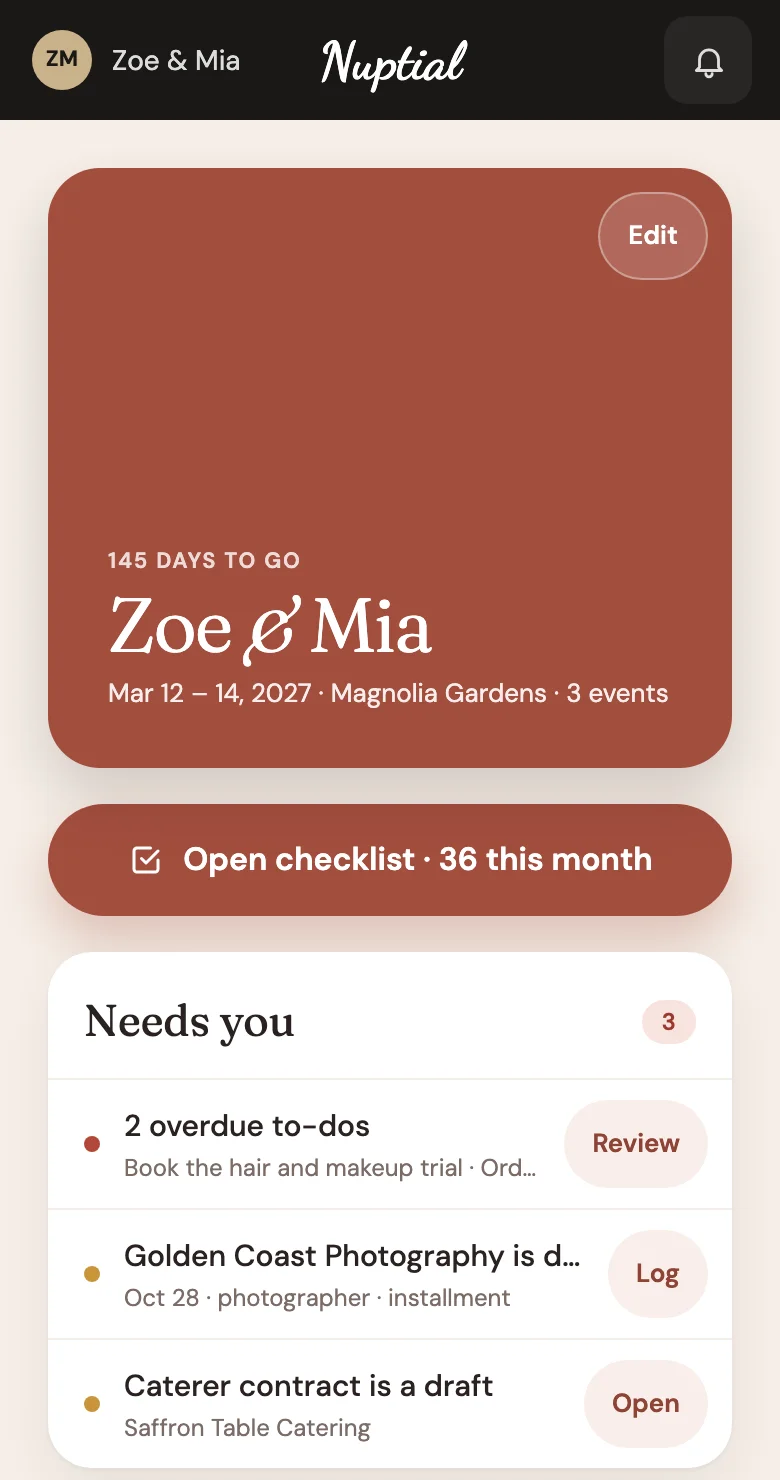 The same home on a phone: the days to go, the Open checklist button and what needs them.
