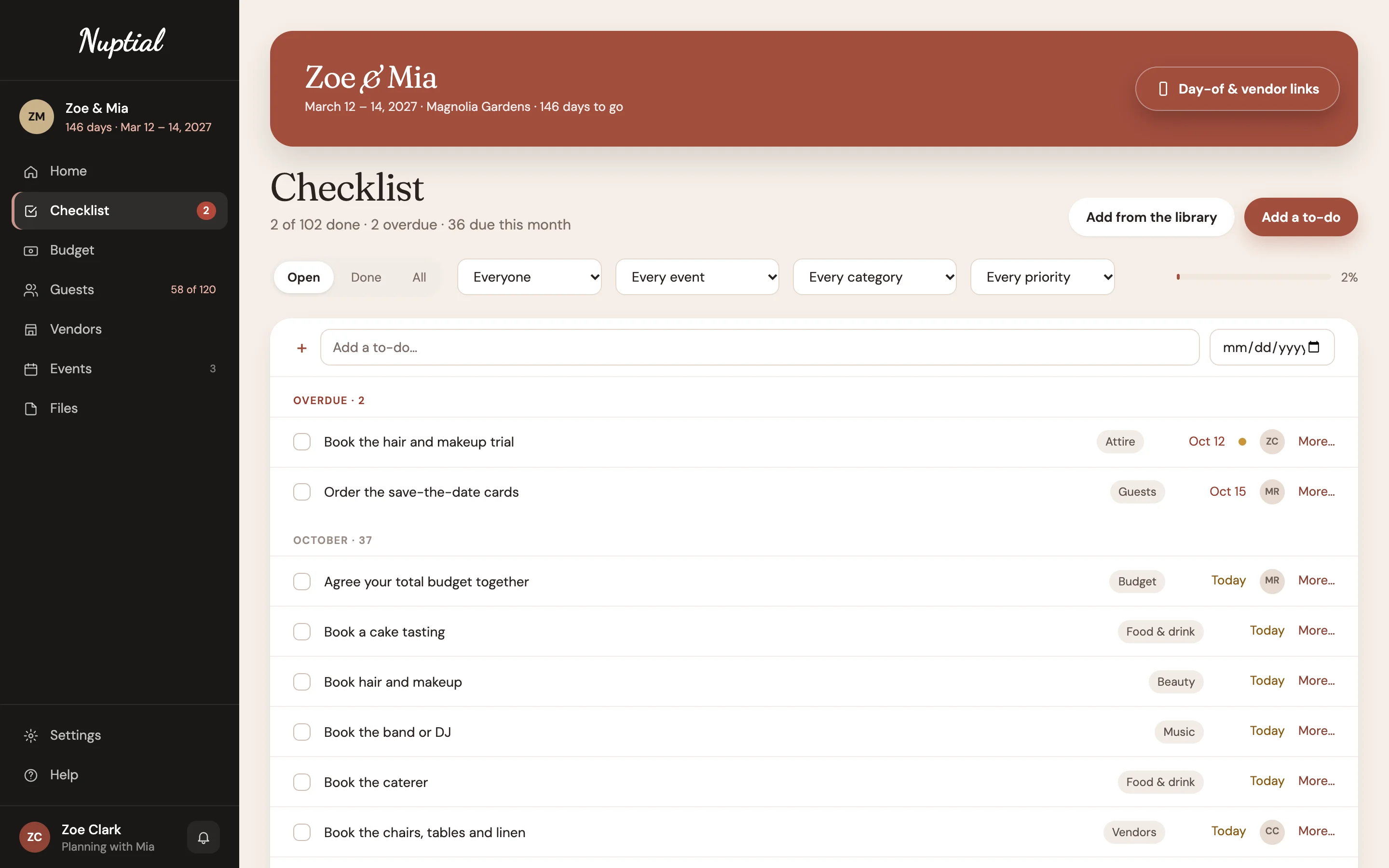 Zoe and Mia's checklist: two overdue to-dos first, then October's, each with its category, due date and who it's handed to, beside Add from the library and Add a to-do.