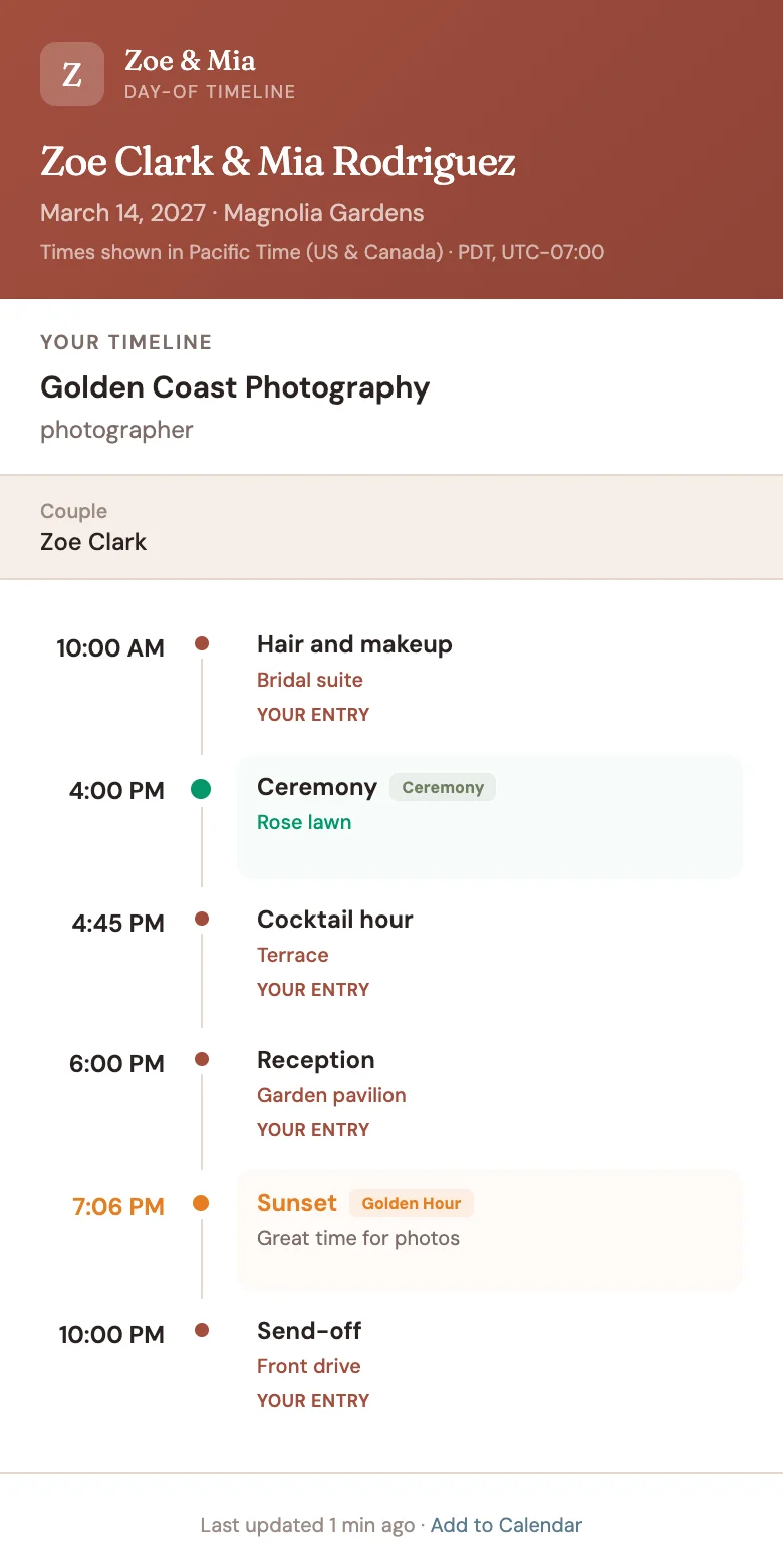 The photographer's day-of link on a phone, no sign-in needed: Zoe and Mia's wedding day at Magnolia Gardens and the photographer's own call times, from hair and makeup at 10:00 to the 10:00 PM send-off, with the sunset at 7:06.