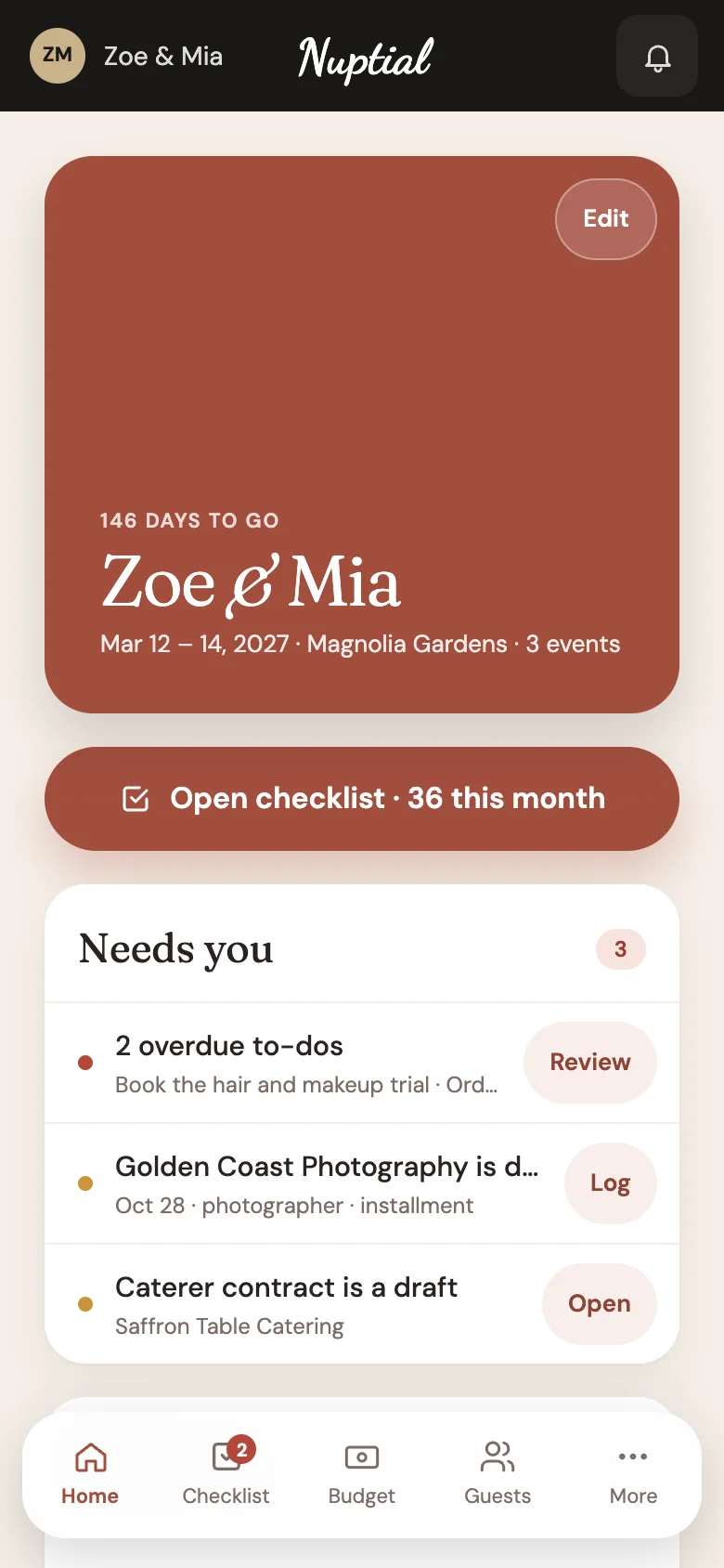 Zoe and Mia's home in Nuptial for Couples on a phone: the days to go, the Open checklist button and what needs them.