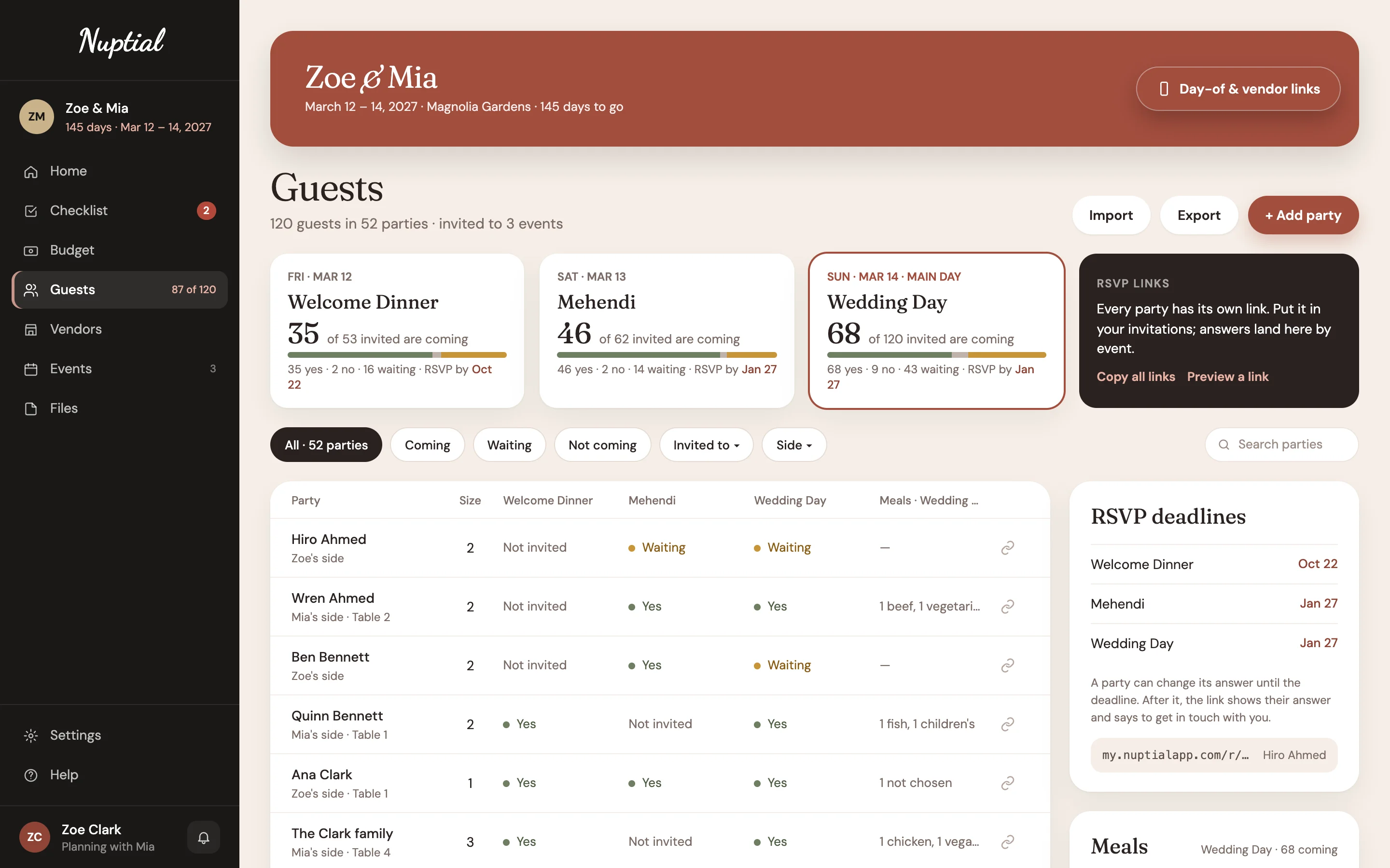 Zoe and Mia's guest list: a card for each of the Welcome Dinner, Mehendi and Wedding Day counting who's coming with its RSVP deadline, the RSVP links card, then each party with its answer for every event and a button to copy its link, and the RSVP deadlines beside it.
