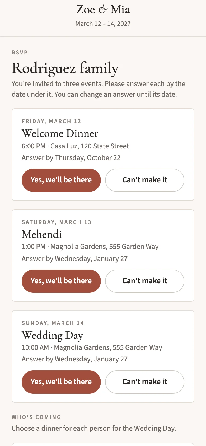 The Rodriguez family's RSVP page on a phone: invited to three events, each with Yes, we'll be there and Can't make it, and the date to answer by.