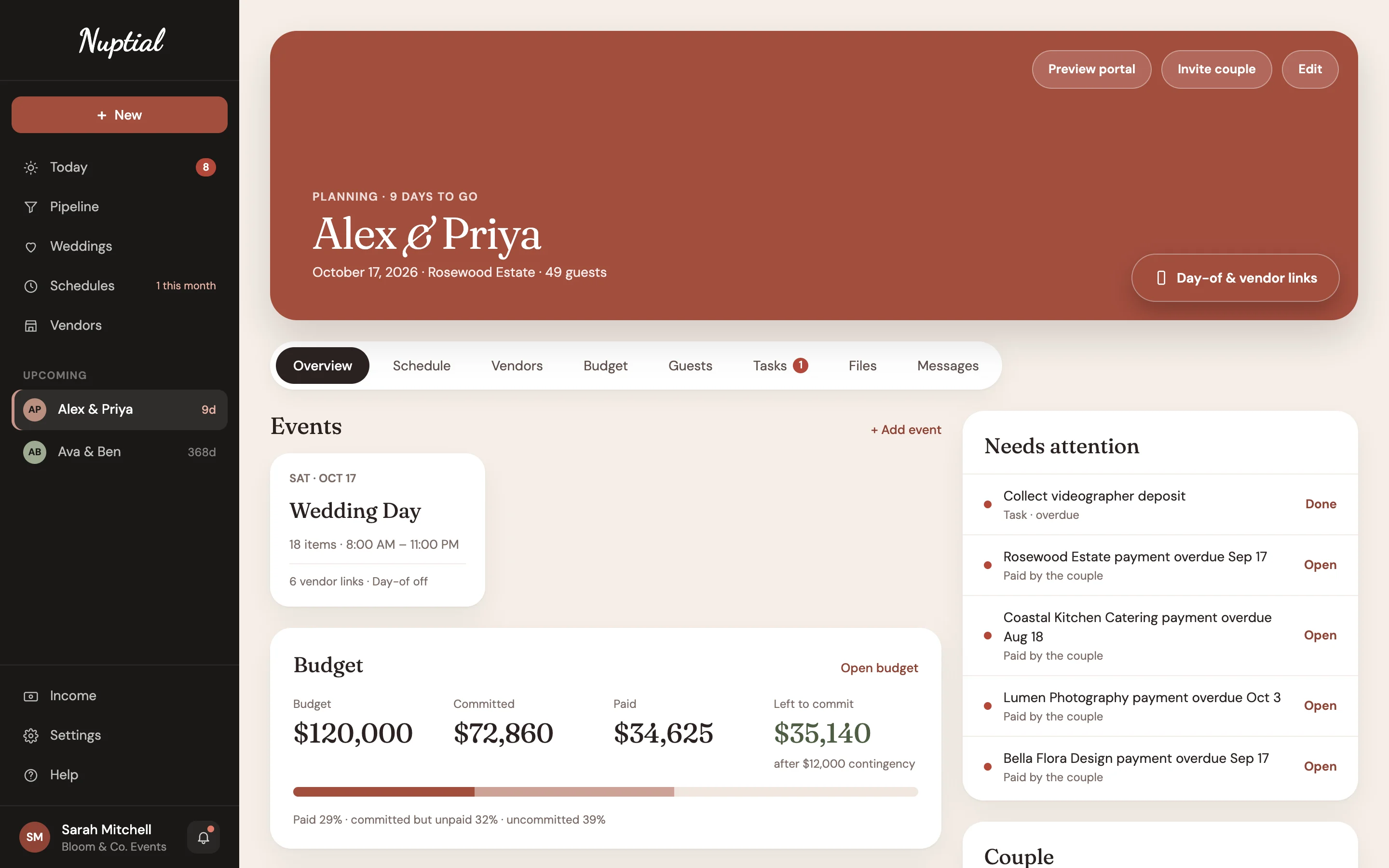 The wedding page in Nuptial for Alex and Priya, nine days to go: the Day-of and vendor links button, the Wedding Day event with its six vendor links, the budget, and what needs attention.
