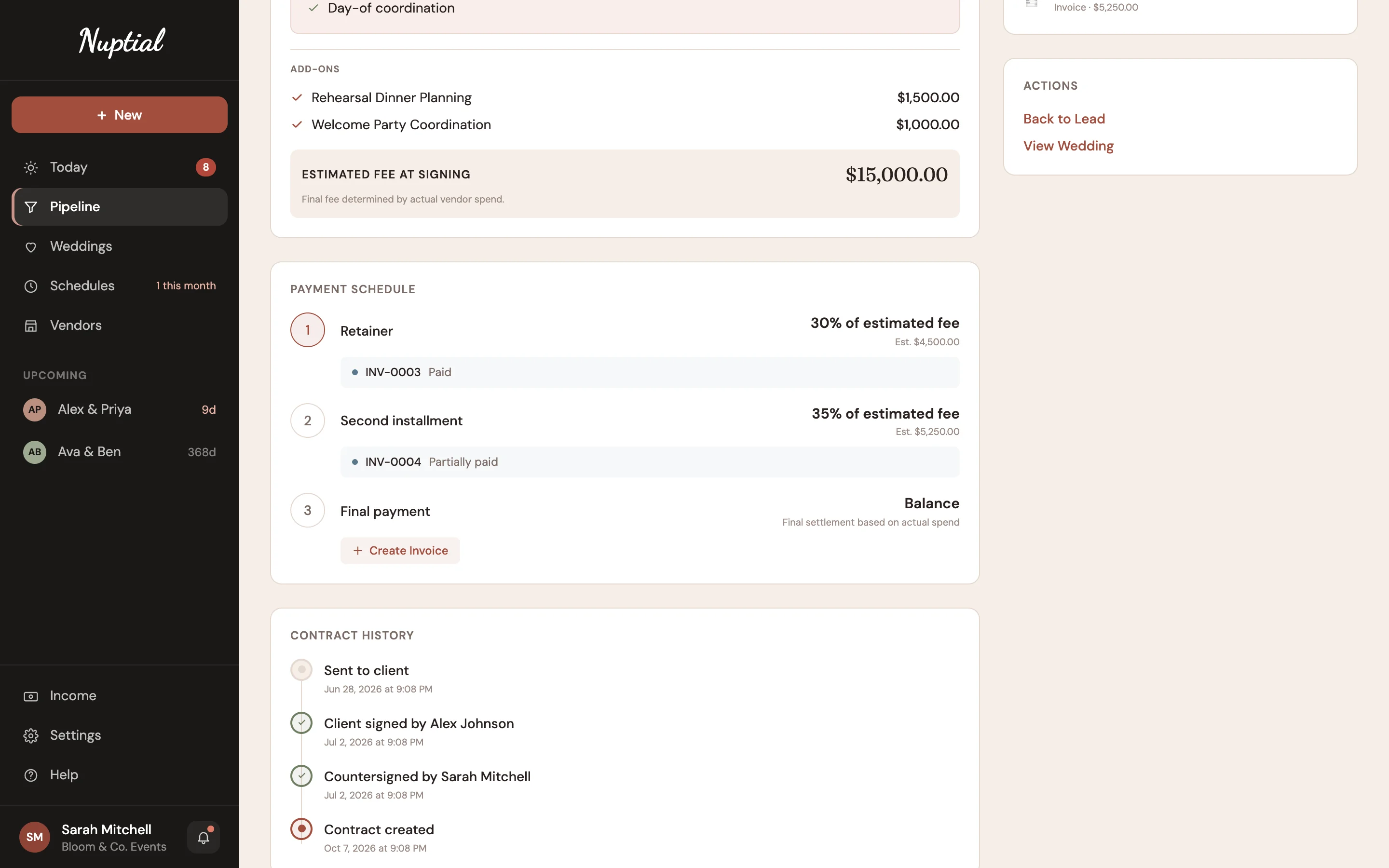 An agreement in Nuptial with its estimated fee and payment schedule: a paid retainer, a partly paid second installment and the final balance.