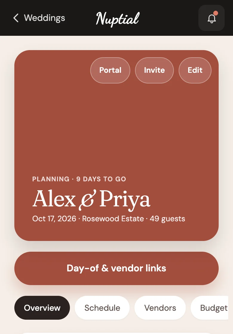 The wedding page for Alex and Priya on a phone: nine days to go, the Day-of and vendor links button and the wedding's sections.