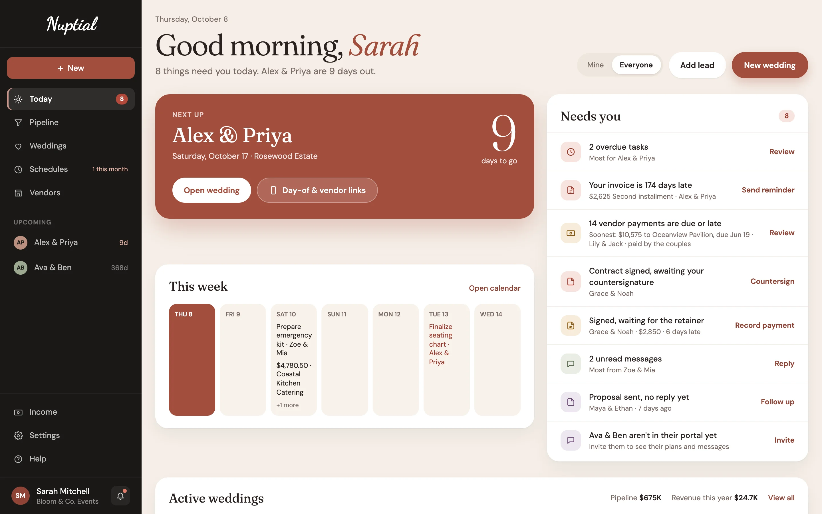 Today in Nuptial: the next wedding up, this week's calendar, and Needs you with overdue tasks, a late invoice, vendor payments due, a contract to countersign, a retainer to record, unread messages and a proposal with no reply, each with its next step.