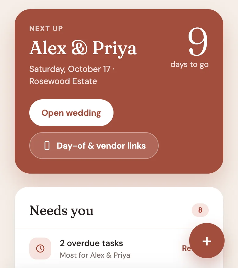 Today on a phone: the next wedding up, nine days away, and the start of the Needs you list.