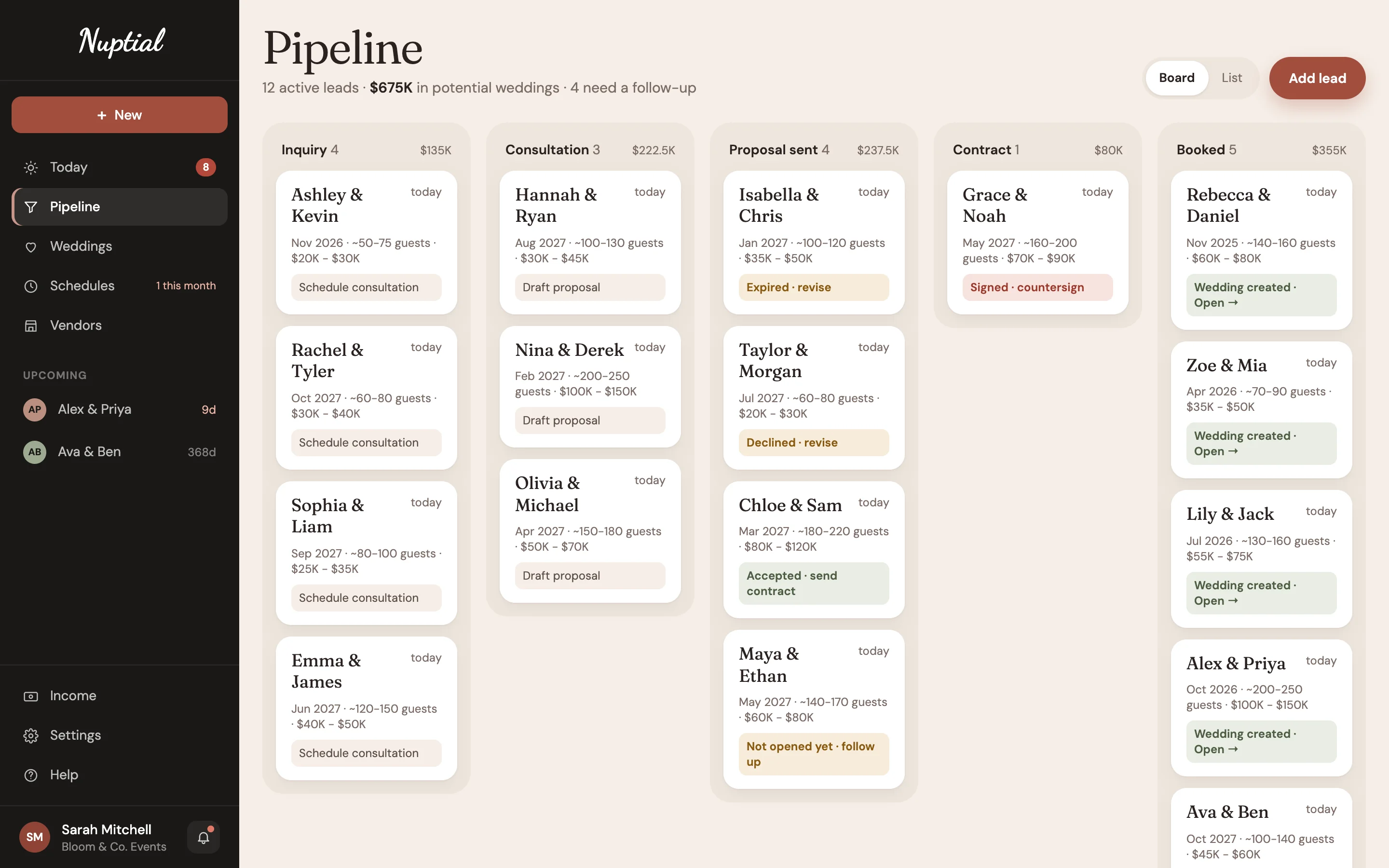 The Pipeline in Nuptial: leads in columns by stage, with four couples in the Proposal sent column.