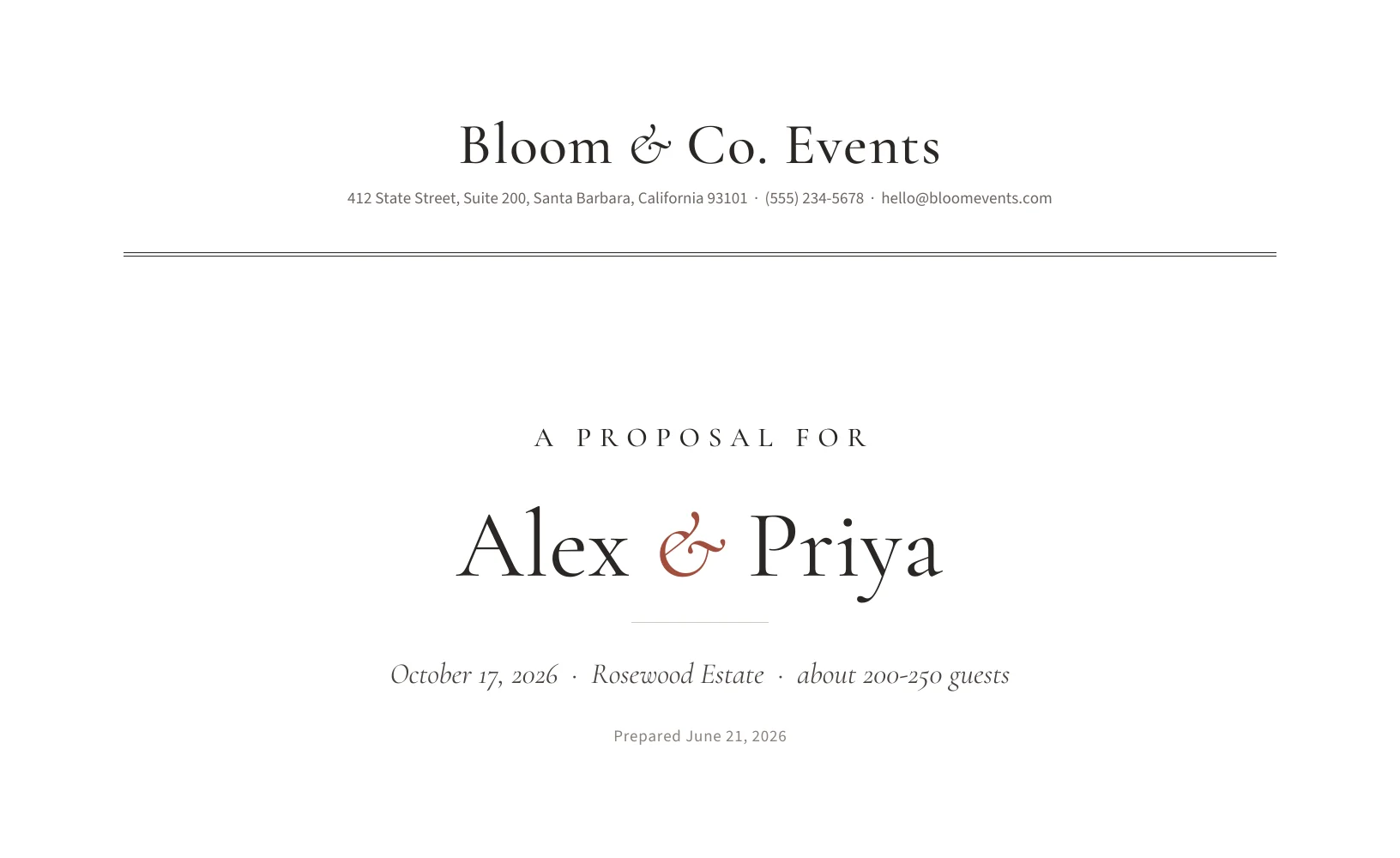 The cover of a proposal for Alex and Priya on Bloom and Co. Events letterhead, with the date, the venue and the guest count.