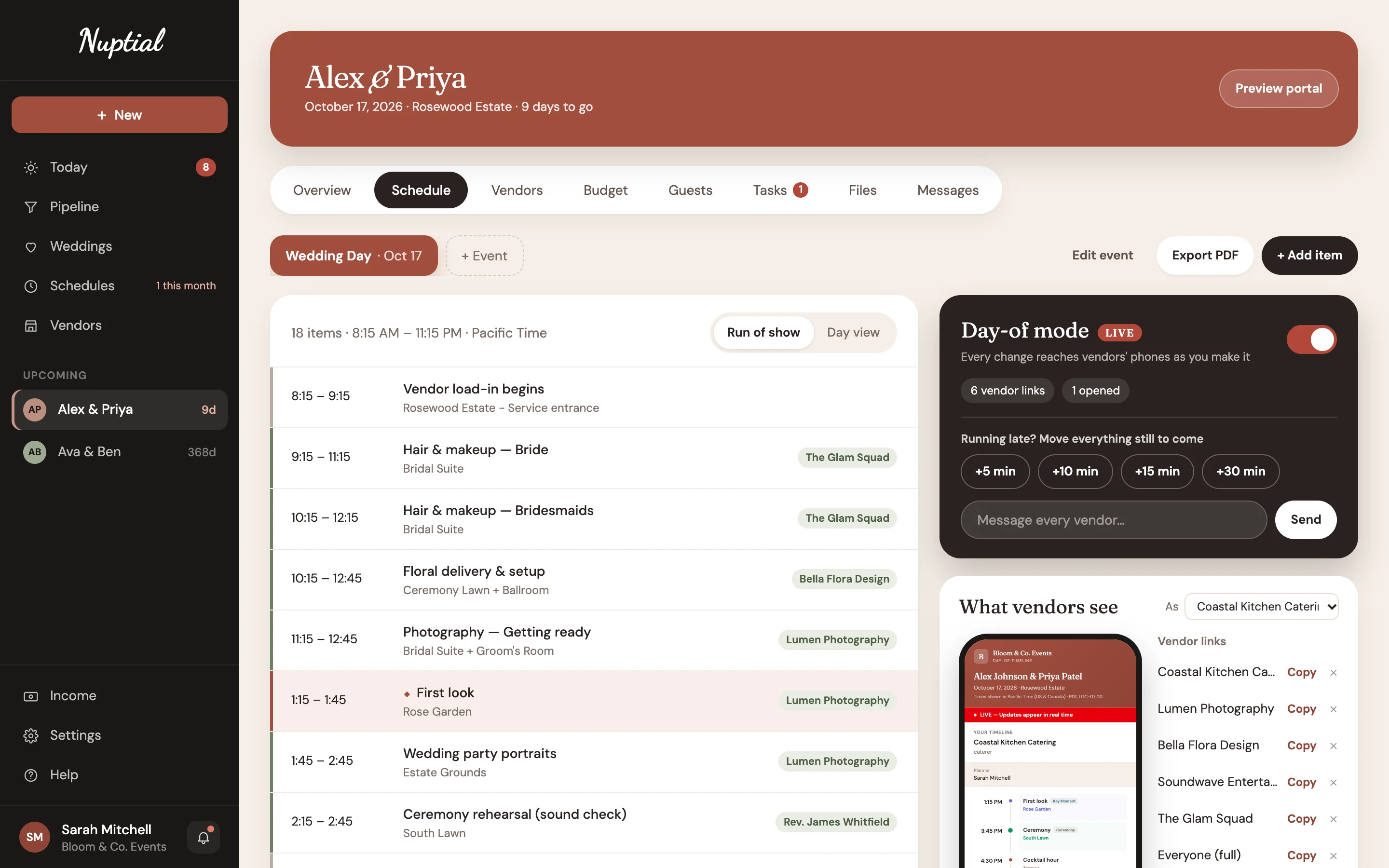 A wedding day's Schedule in Day-Of Mode, live: the run of show, the Running late buttons, and the Vendor links panel with a preview of what vendors see.