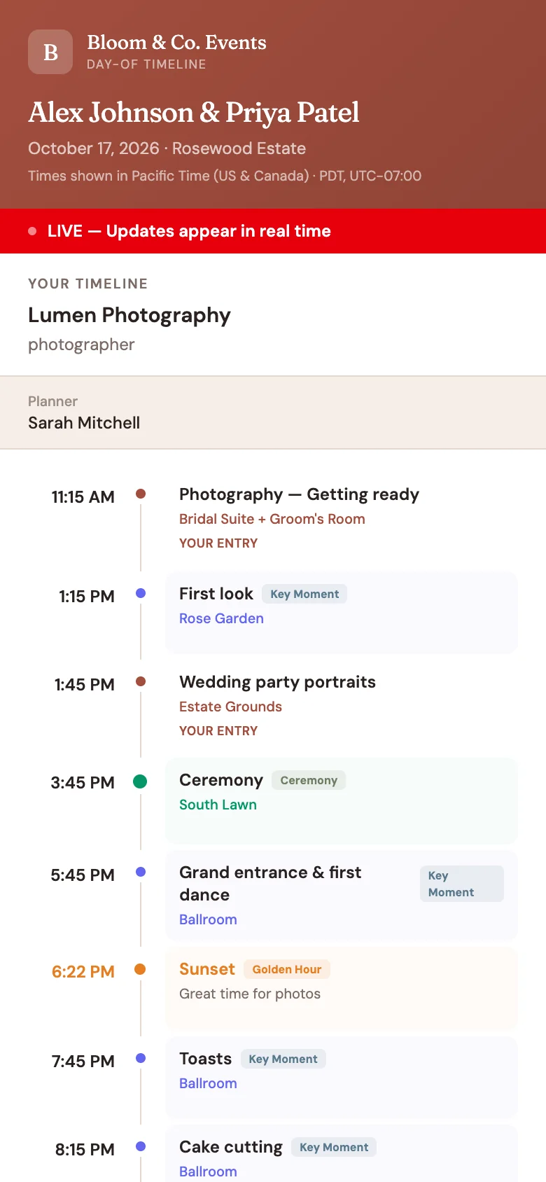 A photographer's day-of link on a phone, marked live: the photographer's own entries and the day's key moments with their times, and the sunset.