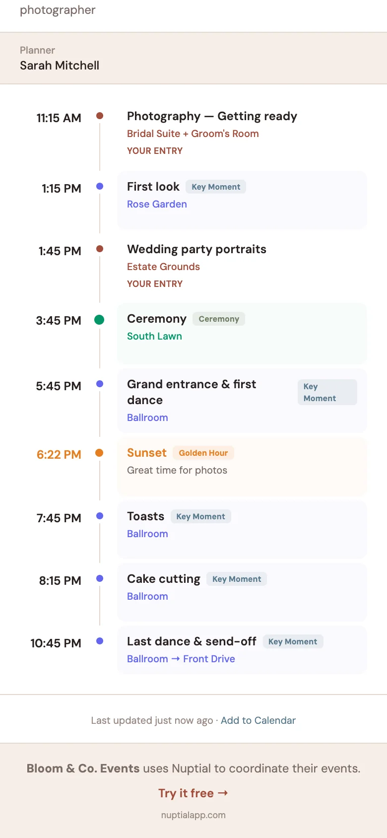 A photographer's day-of link on a phone: their own entries marked Your entry, the day's key moments with their places, the sunset, and the planner's footer.