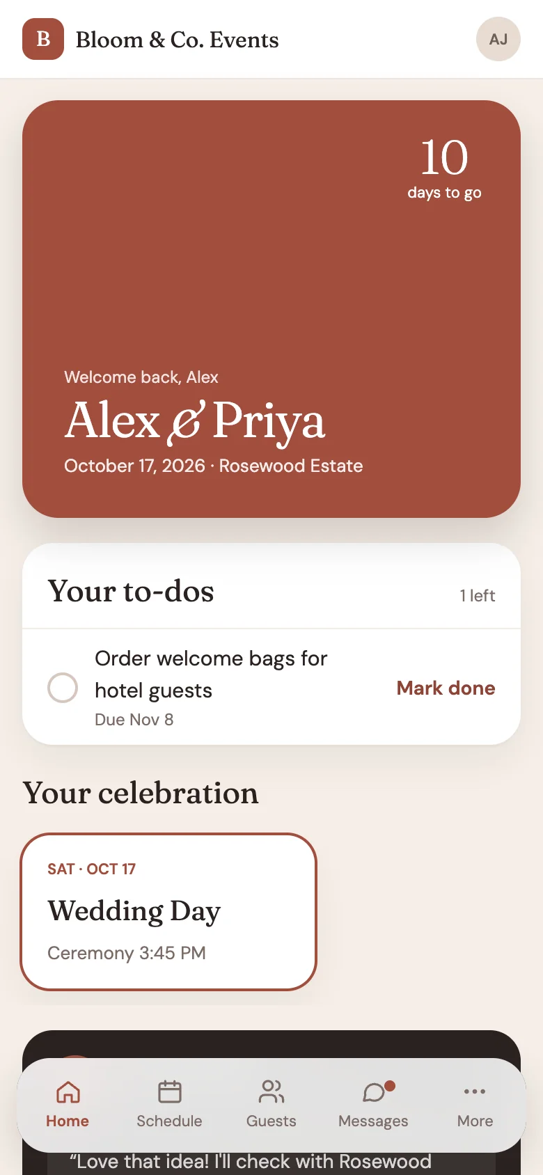The couple's portal home on a phone, in the planner's brand: the days to go, their to-do list and their wedding day.