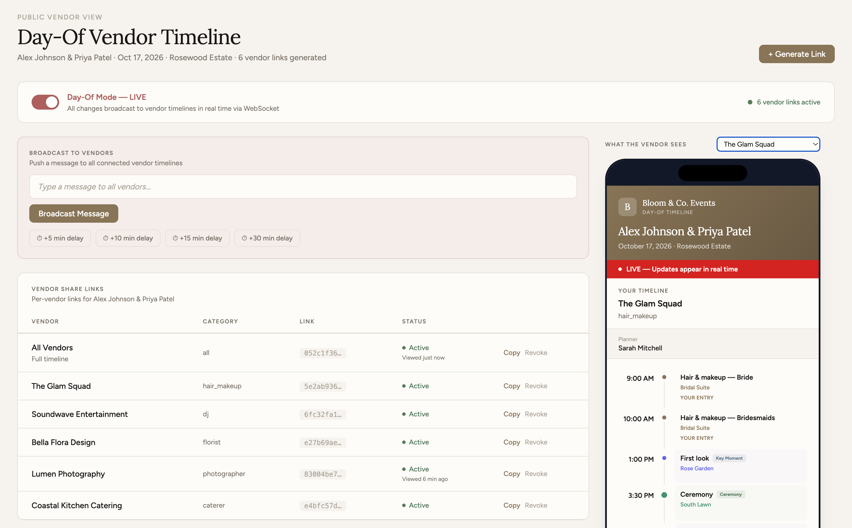 The planner timeline view in Nuptial, showing a time being adjusted and dependent entries updating together.