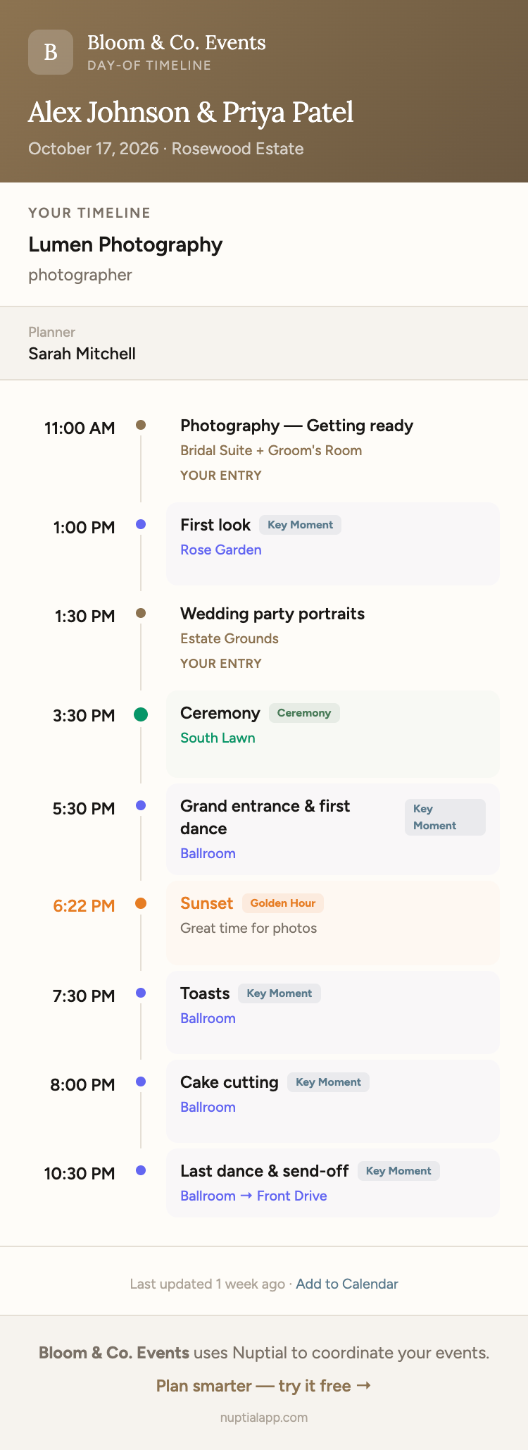 A Nuptial vendor day-of timeline on a phone, showing call times, locations, and notes filtered to a single vendor's schedule.